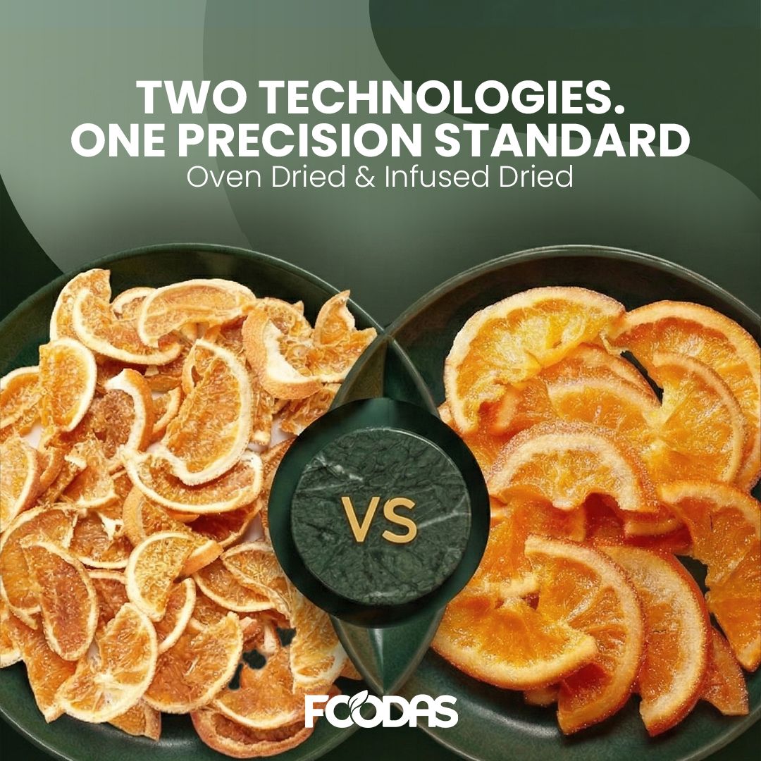 Foodas Oven Dried ve Infused Dried teknolojilerini karşılaştıran iletişim görseli